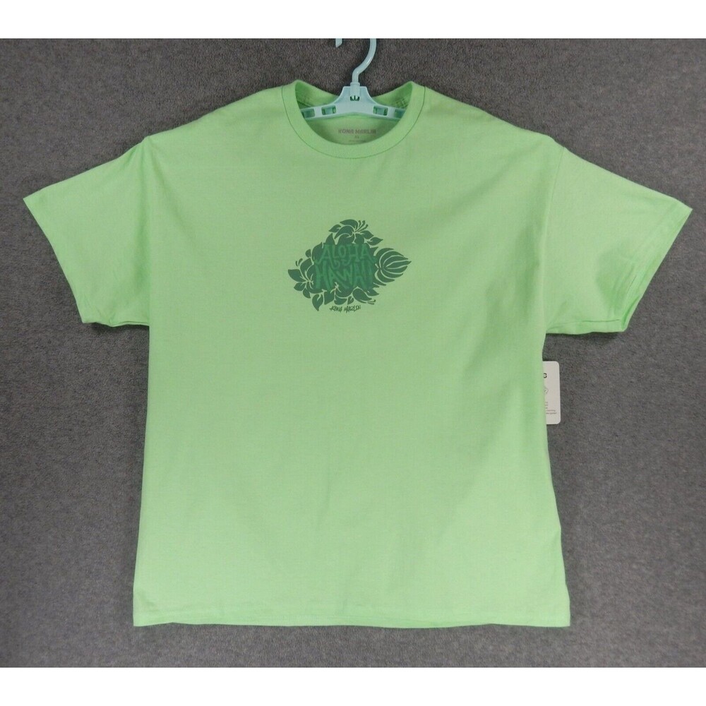 Hawaii Aloha Mens TShirt XL Green Tropical Flower Leaf Big Island Kona Marlin